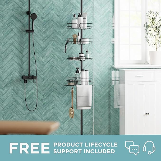 Zenna Home Tension Pole Shower Caddy Corner Organizer, Adjustable Standing Shower Caddy with 4 Baskets and Built in Towel Bar, Rust Resistant Bathroom Tension Rod Organizer, 60 to 97 Inch, Matte Black
