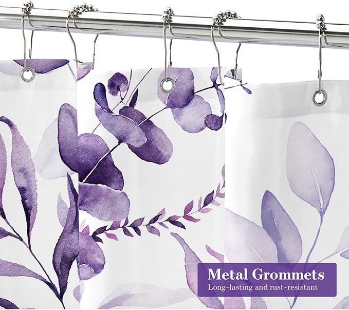 MitoVilla Purple Spring Floral Shower Curtain, Modern Plants Botanical Fabric Cloth Shower Curtains for Chic Elegant Bathroom Decor, Summer Watercolor Eucalyptus Leaf, 72x72