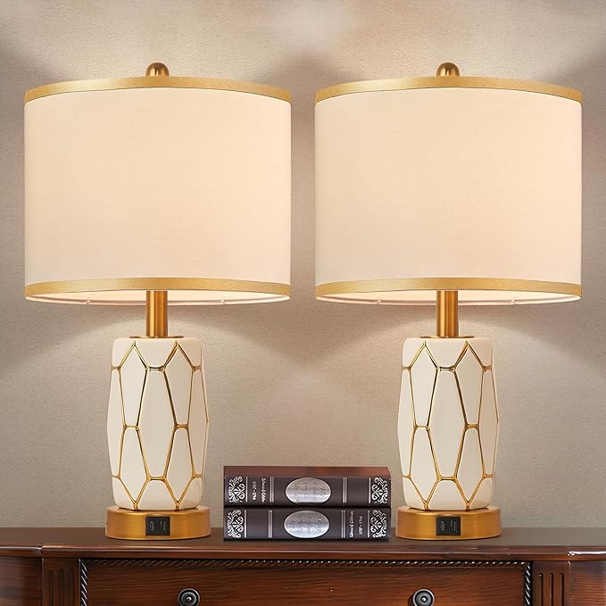 Set of 2 Touch Control Ceramic Table Lamps for Bedroom Livingroom,Modern Black/White, with USB Ports,Bedside Nightstand Lamp with Fabric Drum Lampshade,Blubs Included (White)