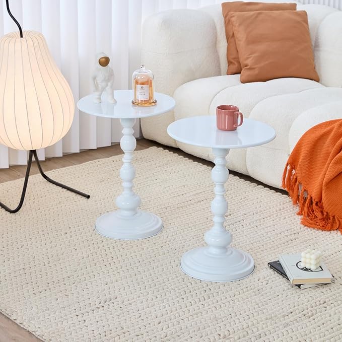 Elegant Vintage Round Side Table with Roman Columns - Sturdy Metal Design, Perfect as a Coffee, End, Tea, or Leisure Table for Living Room and Bedroom Decor ,21 (H) *15.7 (W) (White+White 1pack)