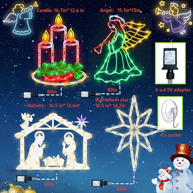 Christmas Decorations - 16" Christmas Window Silhouette Lights - 4 Pack Colour Lighted Nativity & Angel & Bethlehem Star & Candle for Holiday Indoor and Outdoor Wall Door Window Decorate