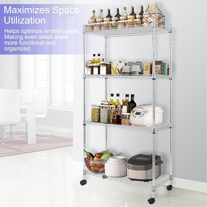 Whitmor 4 Tier Storage Shelves, Heavy Duty with Wheels, Adjustable Steel Organizer Wire Rack, 400 lbs Capacity per Shelf, Max 1600 lbs Total for Garage, Kitchen, Plant, 36" L x 14" W x 54" H, Chrome