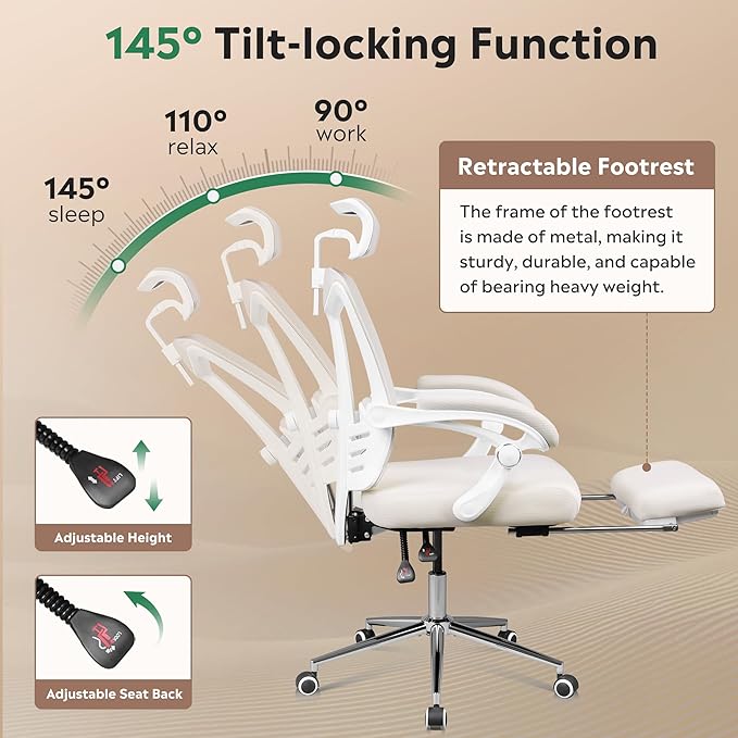 DEVAISE Ergonomic Mesh Office Desk Chair with Footrest, Comfrotable Big and Tall Reclining Computer Chair with Adjustable Lumbar Support, Backrest Adjustable, High Back SGS Class 4 Gas Lift, White