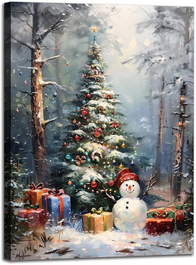 Christmas Wall Art Winter Pine Tree Canvas Pictures Wall Decor Snowman Romantic Christmas Snowman Poster Xmas Tree Prints Painting for Holiday Gifts, for Living Room Bedroom Bathroom Decortions 16x20inch