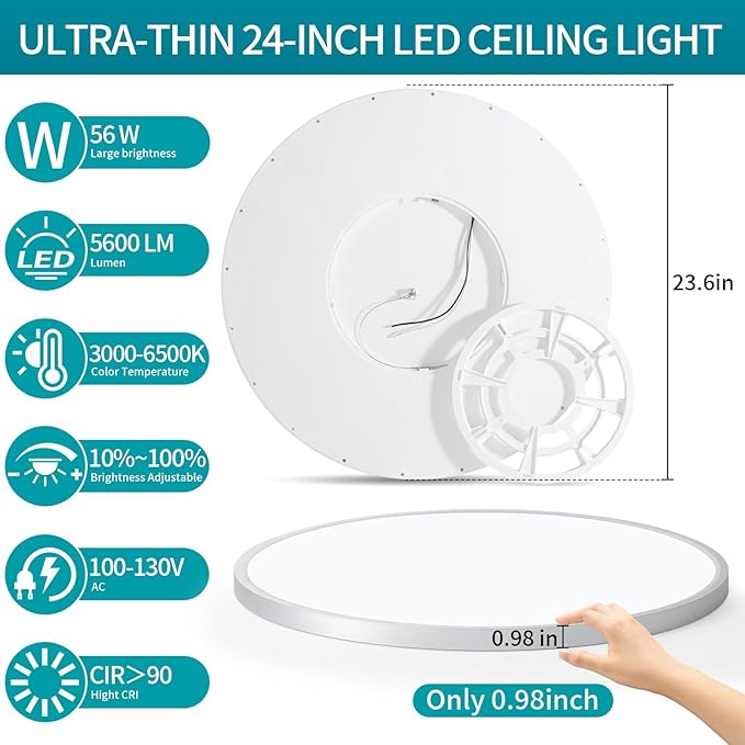 24 Inch Round Led Ceiling Light Fixture, Ultra Thin Flush Mount, Dimmable with Remote Control, 56W, 5600 Lumen, Modern, Silver, for Kitchen, Dining Room, Bedroom, Living Room, Home Office
