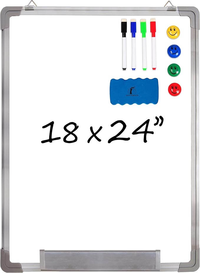 Whiteboard Set - Dry Erase Board 18 x 24 in with 1 Magnetic Dry Eraser, 4 Drywipe Markers and 4 Magnets - Small White Hanging Message Scoreboard for Home Office School (18x24 in)