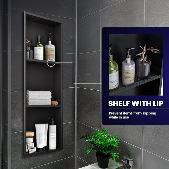 Stainless Steel Shower Niche 12" x 36", 3-Tier Shower Niches No Tile Needed, Recessed Niche for Shower Wall, Shower Niche Shelf for Bathroom Storage, Matte Black