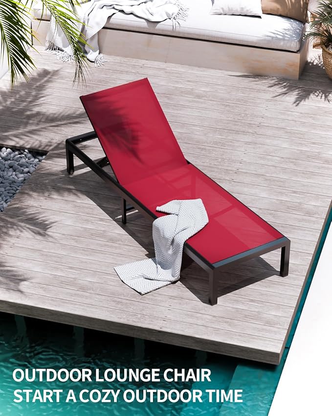 Aluminum Lounge Chairs Outdoor Chaise Furniture,2 Sets Patio Metal Deck Lounger Adjustable 5-Position Poolside Chase Recliner with Wheels for Beach,Coffee Table, (Red, 1 Chair)