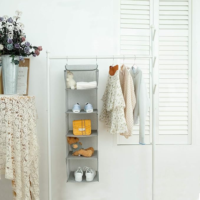 5 Shelves Hanging Closet Organizer, 2 Pack Hanging Storage with 6 Side Pockets for Clothes Bags, 43"x12"x12"(Light Gray)