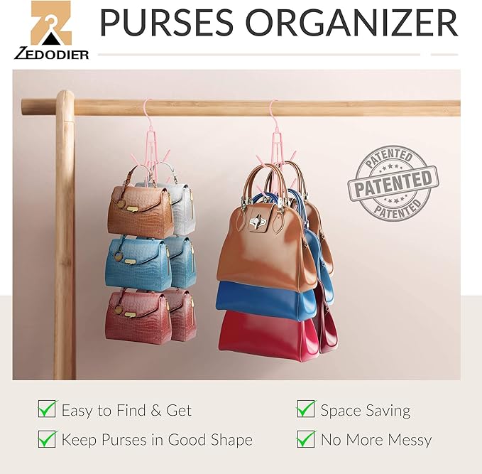 ZEDODIER Purse Hanger Organizer for Closet, 2 Pack Hanging Bag Holder, Keeping Purses Visible and in Good Condition, Metal Handbag Storage Hook Backpack Rack Space Saving Hanger, Pink