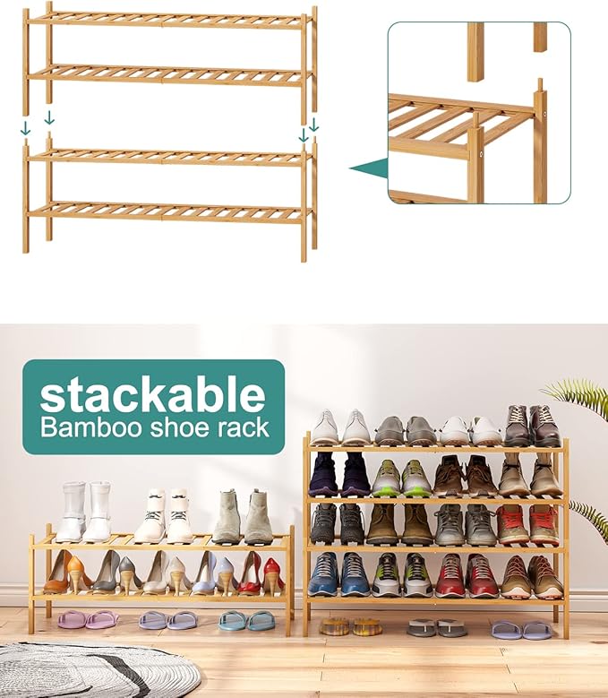2-Tier Long Shoe Rack for Entryway, Black Bamboo Wood Shoe Rack for Closet & Hallway, Long 33IN | Beautiful | Functional | Sturdy | Durable
