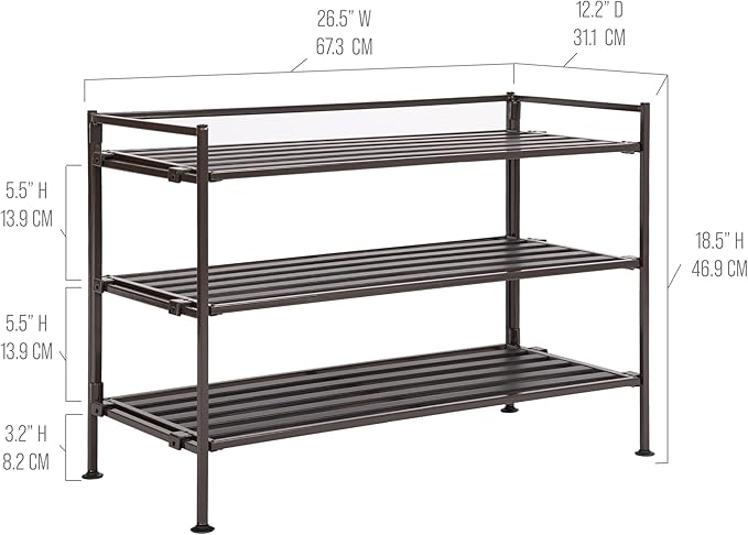 Seville Classics Sturdy Freestanding Storage Shelf for Bedroom, Closet, Entryway, Dorm Room Organizer Stackable Durable Metal Shoe Rack Espresso Slat, 3-Tier (NEW MODEL)