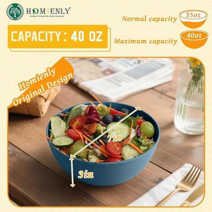 Homienly Bowls for Kitchen, Premium Wheat Straw Bowl 6 PCS, Unbreakable LIghtweight Salad Bowl with Texture, Alternative to Plastic Bowls Reusable, Microwave and Dishwasher Safe, Freezer Safe- Blue