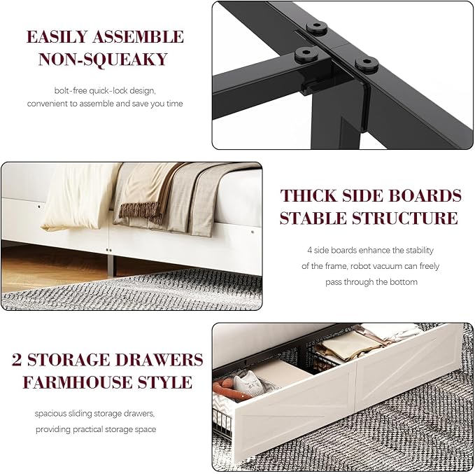 Twin Bed Frame with Bookshelf, Bookcase High Headboard with Charging Station and LED Light, Farmhouse Bed with Storage Drawers, No Box Spring Needed, Noise Free, Easy Assembly, Antique White