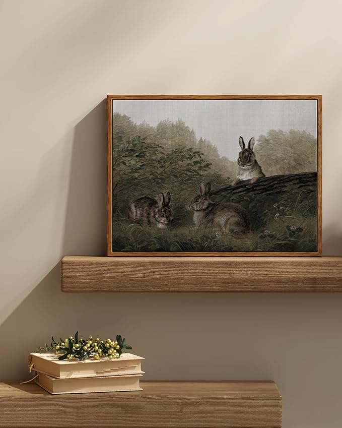 InSimSea Framed Wall Art for Living Room Three Rabbits Vintage Wall Art Easter Bunny Decor Aesthetic Animal Landscape Oil Painting Countryside Farmhouse Wall Decor Colorful for Bedroom Office 12x16in