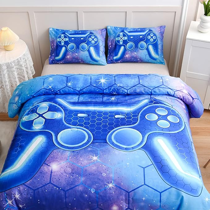 NTBED Game Console Comforter Set for Boys Girls Kids 3D Gaming Geometric Lightweight Microfiber Bedding Sets (Blue Purple, Twin)