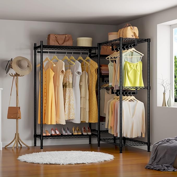 VIPEK L6 Plus Garment Racks Heavy Duty Clothes Rack Corner Closet Racks L Shaped Clothing Rack for Hanging Clothes, 5-Tier Freestanding Closets with 7 Adjustable Shelves, Max Load 1200LBS, Black