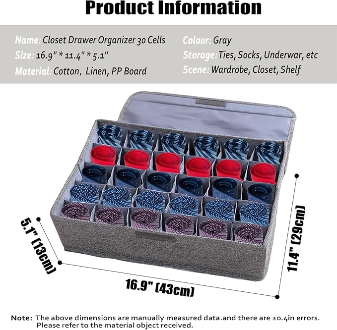 AARAINBOW 4 Packs Underwear Socks Ties Storage Organizer with Lids Foldable Closet Drawer Organizer 120 Cells, Fabric Wardrobe Divider Storage Boxes for Scarves and Lingerie (30 Cell, 4 Gray)