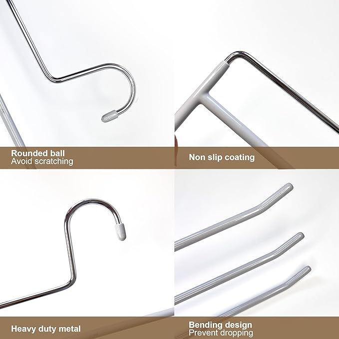 Pants Hangers 4 Pack, Multi Hangers for Pants and Jean 3 Tier Non Slip Metal Pants Hangers Space Saving, Clothes Closet Storage Organizer for Pants Jeans Skirts Tie Trousers Scarf