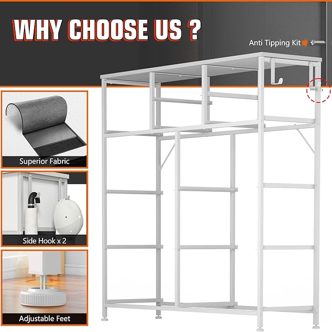 10 Drawer Dresser, Chest of Drawers for Bedroom, PU Dresser with Side Pockets, Hooks, Wooden Top and Sturdy Metal Frame for Living Room, Closet, Hallway (White)