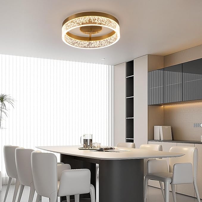 Jaycomey Modern LED Ceiling Light Fixture, 11.65" Flush Mount Kitchen Lighting Gold with Clear Seeded Acrylic Lampshade,Round Ceiling Lamp Lights for Hallway Dining Room