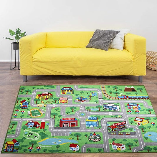 Yincimar Kids Carpet Playmat Rug, 5' x 6'6" Extra Large City Life Educational Car Rug for Baby Toddler Boy Bedroom Playroom
