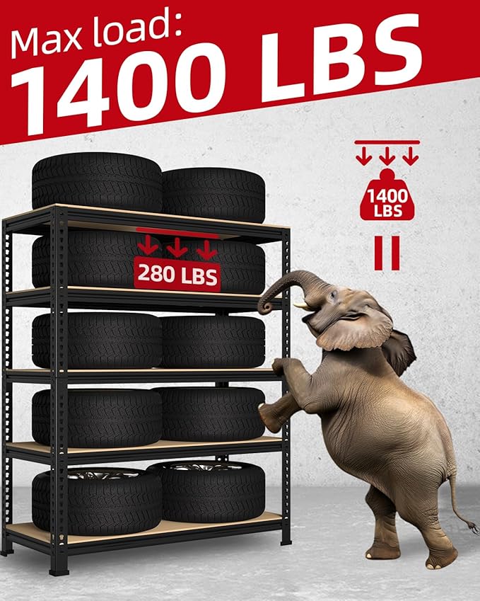 PrimeZone 32" W x 16" D x 63" H Storage Shelves - 5 Tier Adjustable Garage Storage Shelving, Heavy Duty Metal Storage Utility Rack Shelf Unit for Warehouse Pantry Closet Kitchen, Black