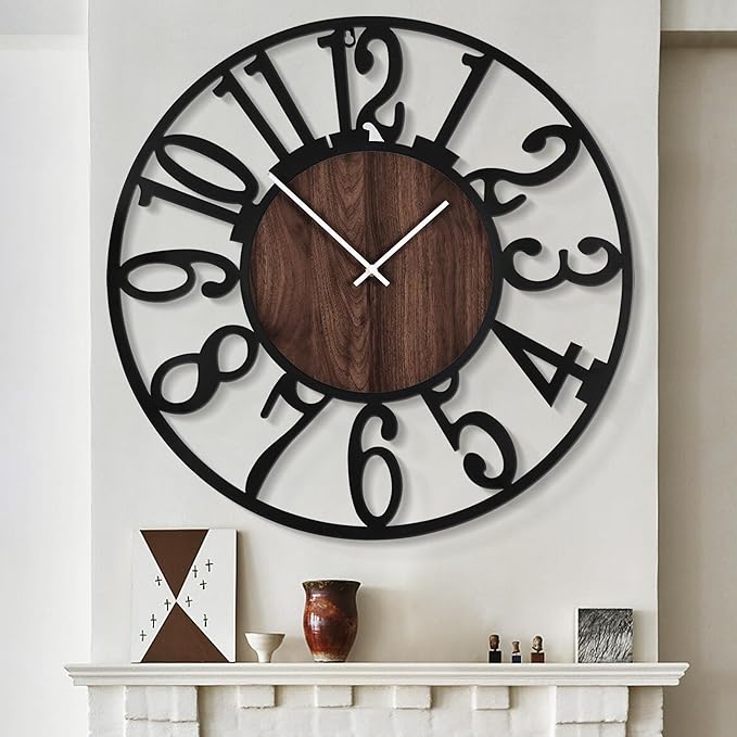 LEIKE Extra Large Wall Clocks,Silent Little Ticking,Battery Operated Vintage Round Modern Wood Wall Clock for Living Room, Bedroom,Farmhouse,Office Home Decor-32 Inch(Black-Arabic Number)