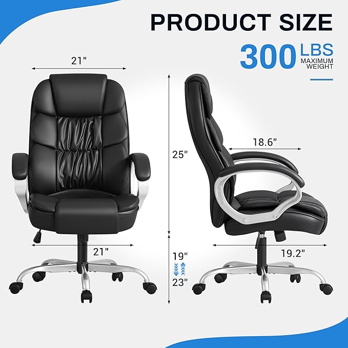 Furmax Leather High Back Office Chair Ergonomic Executive Office Chair Swivel Computer Desk Chair Lumbar Support Soft Cushioned Padded Arms (Black)