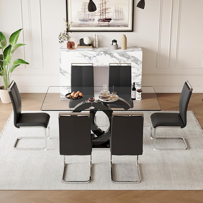 63'' Glass Dining Table Set for 6, Kitchen Table Chairs Set of 6, Clear Glass Dining Table with Black unique design Leg and Silver Metal Base, 6 PU Dining Chairs with Metal Legs, Living Room, Kitchen.