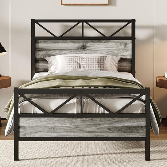 Twin Bed Frames, Bed Frame Twin Size with 51.2" Tall Industrial Headboard, Twin Platform Bed Frame with Heavy Duty Steel Slats Support, Noise Free, No Box Spring Needed, Easy Assembly, Rustic Brown
