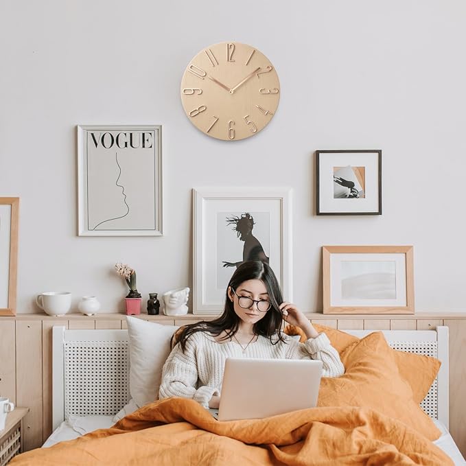 Faupugh 12 inch Silent Wall Clock, Battery Powered Wall Clock Decoration Clock, Suitable for Home, Office, School, Kitchen, Bedroom, Living Room (Beige)