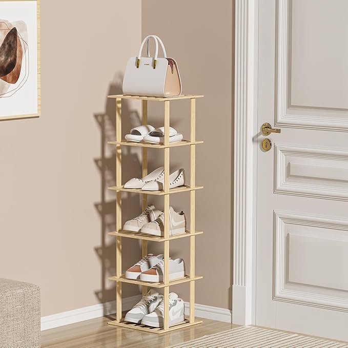 6-Tier Bamboo Shoe Rack - Vertical Shoe Rack for Small Spaces, Tall Narrow Shoe Rack Organizer for Closet Entryway Corner Garage and Bedroom,Free Stackable DIY，Primary Colours