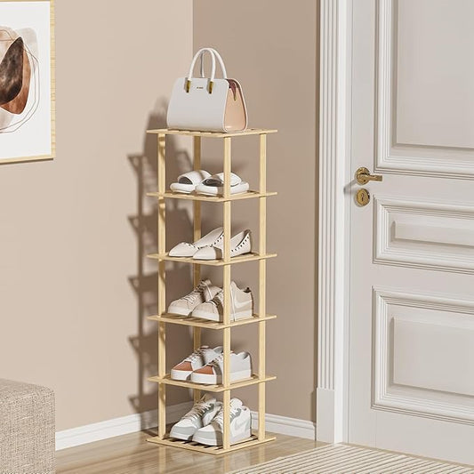 6-Tier Bamboo Shoe Rack - Vertical Shoe Rack for Small Spaces, Tall Narrow Shoe Rack Organizer for Closet Entryway Corner Garage and Bedroom,Free Stackable DIY，Primary Colours