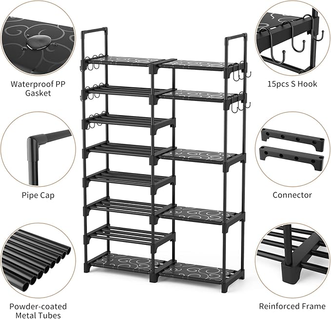 ROJASOP Shoe Rack Organizer, 8-Tier Metal Shoe Rack for Closet Entryway Garage, 26-32 Pairs Tall Shoe Boot Storage Shelf with 15 Hooks, Stackable Large Shoe Stand