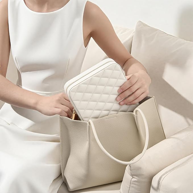 Lolalet Travel Jewelry Case for Women, Travel Jewelry Organizer Box with Mirror & Clear Storage Bag, Small Portable Traveling Earring Necklace Bracelet Ring Case, Bridesmaid Gifts -Large, White