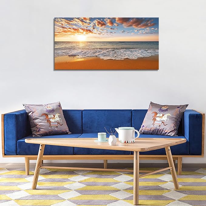 YYYYHPP YP2175 Beach Wall Art Morning Sunrise Sky Ocean Beach Waves Scenery Modern Painting Artwork for Office Wall Decor Home Decoration Stretched and Framed Ready to Hang