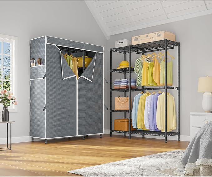VIPEK V7C Garment Racks with Cover Portable Closets for Hanging Clothes, Heavy Duty Clothes Rack with Shelves Metal Closet Wardrobe, Max 670lbs, Black Rack with Grey Upgraded Polyester Cover