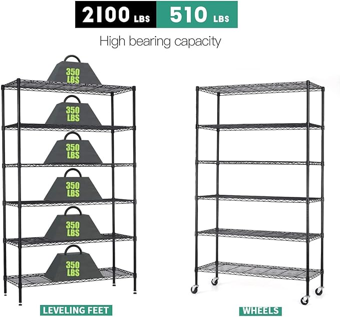 18x48x72 Inch Commercial Wire Shelving Unit with Wheels 6 Tier Heavy Duty Layer Rack Storage Metal Shelf Garage Organizer Wire Rack Shelving Adjustable Utility 2100 LBS Capacity with Casters,Black