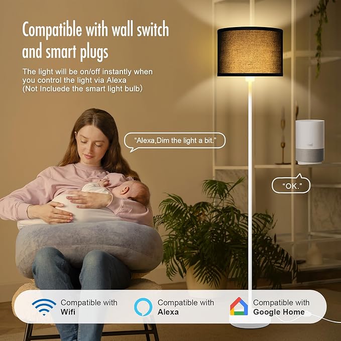 Floor Lamp White, Standing Lamp, 58" Tall Floor Lamp with Black Lampshade, Foot Pedal Switch, Modern Bright Floor Lamps for Living Room/Bedroom/Classroom/Kids Room, White Lamp for Girls' Gift(NO Bulb)