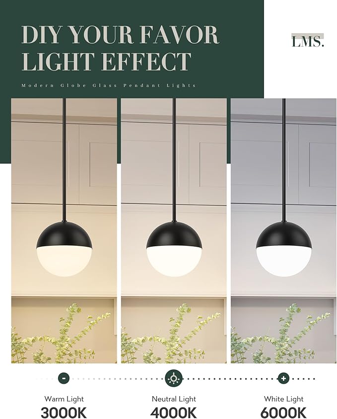 LMS 8-inch Modern Globe Pendant Light Frosted Glass with Black Finish Contemporary Mid Century Adjustable Hanging Light Fixture for Living Room Bedroom Kitchen LMS-186