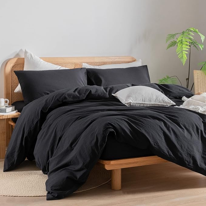 BESTOUCH Duvet Cover Set 100% Washed Cotton Linen Feel Super Soft Comfortable Chic Lightweight 3 PCs Home Bedding Set Solid Deep Black Super King Plus