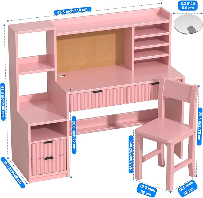Pink Wooden Kids Fluted Desk and Chair Set,Kids Study Desk with Storage Shelves,Kids Study Table and Chair Set with 4 Fluted Drawers,Girls Study Desk for Kids with Hutch for Bedroom-Q3o2V0
