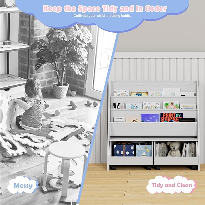 Kids Bookshelf with Two Movable Drawers Toddler Bookcase with Toy Storage Organizer Child Sling Book Rack Baby Cabinet Chest with Wheels for Nursery,Playroom,Bedroom,Living Room,Classroom