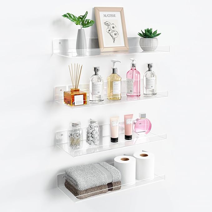 upsimples 4 Pack 15x6 Inches Acrylic Bathroom Shelves for Wall, Floating Bathroom Shelves Over Toilet, Storage Shelf for Toilet Paper, Towels and Toiletries, Clear