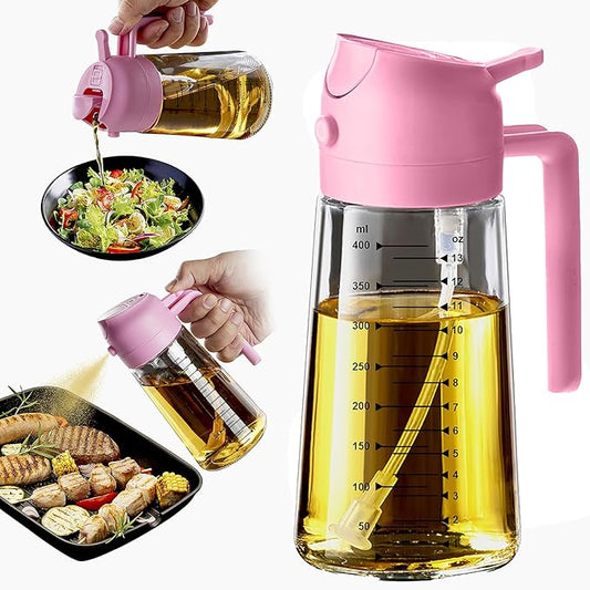 TrendPlain 16oz/470ml Glass Olive Oil Sprayer for Cooking - 2 in 1 Olive Oil Dispenser for Kitchen Gadgets, Air Fryer, Salad, and BBQ - Bubblegum