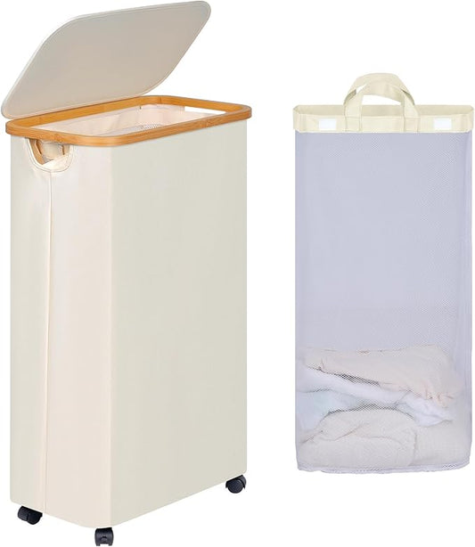 efluky Slim Laundry Basket with Wheels, Narrow Rolling Laundry Hamper with Lid and Removable Bag, Aesthetic Dirty Clothes Hamper on Wheels for Laundry Room, Bedroom, Dorm and Bathroom, 75L Beige