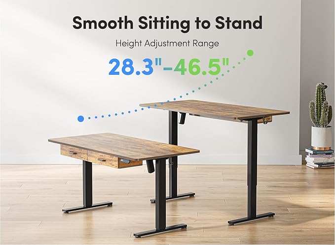 FEZIBO 55 x 24 Inches Standing Desk with Double Wooden Drawers, Adjustable Height Electric Standing Desk, Stand Up Home Office Desk with Splice Tabletop,Black Frame/Rustic Brown Top