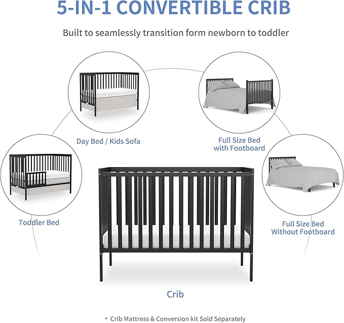 Baby Crib 5-in-1 Convertible, Wooden Nursery Cribs Converts to Toddler Bed, Daybed and Full Size Bed, 3 Adjustable Base, Non-Toxic Finish (Black)