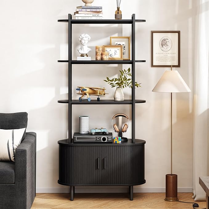 71" Tall Bookshelf, 4-Tier Book Shelf with Storage Cabinet, Modern Bookcase with Sliding Door and Adjustable Footpad, Freestanding Storage Organizer Bookshelf for Living Room, Bedroom, Black
